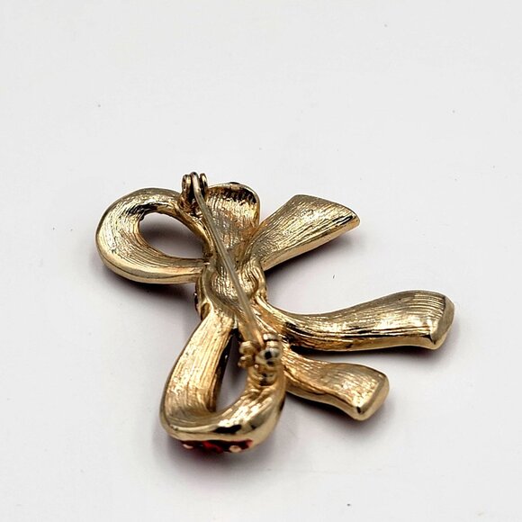 Vintage Christmas Gold Tone Bow Brooch With Red Rhinestones - Picture 9 of 11